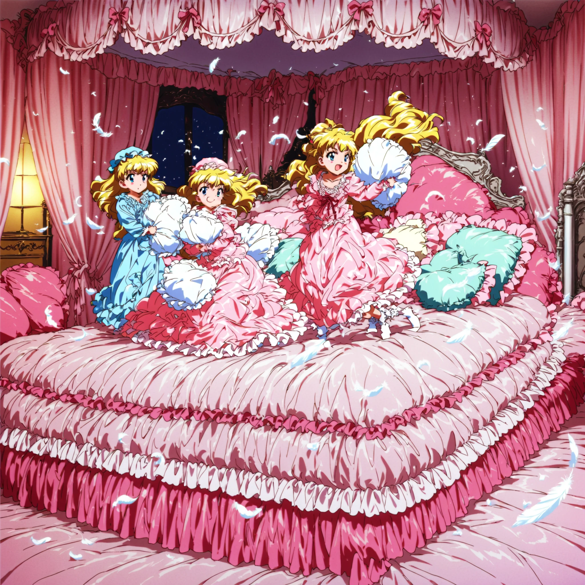 ((1990’s style anime:1.2)), anime colored, high resolution, ultra detailed, hi-vision anime ,official art,100-layer,((cute girl on a big bed)),((As a child )),((Little Girl)), ((little girls pillow fighting on the bed,pillow fight:1.2,)),they have a frilled silk satin pillow,((lot of white feather flying,detailed realistic feather:1.0)),short body height,((white-skinned American, blue eyes, Long blonde,detailed faces)),cute face,plump quilted pink silk satin nightgown,((lots of ruffles and ribbon decorations)),long sleeve,Ruffle sleeves, ((long skirt:1.4)),white socks,Big Bed with Lots of Pink Silk Satin Cushions,pink cute canopy bed , ,Four-poster canopy bed,King Size Bed,Bigger bed,pink silk satin ruffle plump quilt pillows,More pillows, pink silk satin soft comforter,round puffed comforter,Ruffle Lace Silk.retro white pipe bed frame, realistic,((Out of frame bigger King Size Bed:1.2)), silk satin curtain with ruffles ,