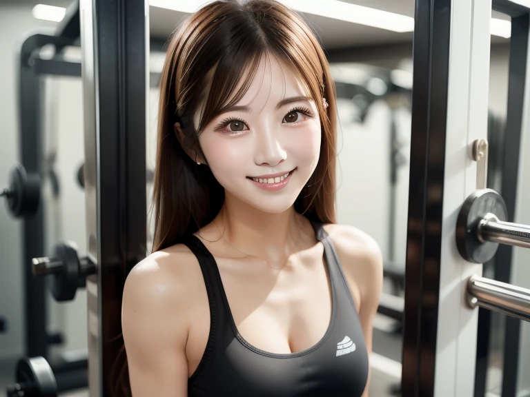 Gym Personal Trainer, Highest quality, shape, Very detailed, In detail, High resolution, 8k wallpaper, Perfect dynamic composition, Beautiful details, Natural Lip,, Extremely sexy gym wear, Sweating in the cleavage, She is smiling and teaching me as she straddles me..., A masterpiece of the whole body, Side Short