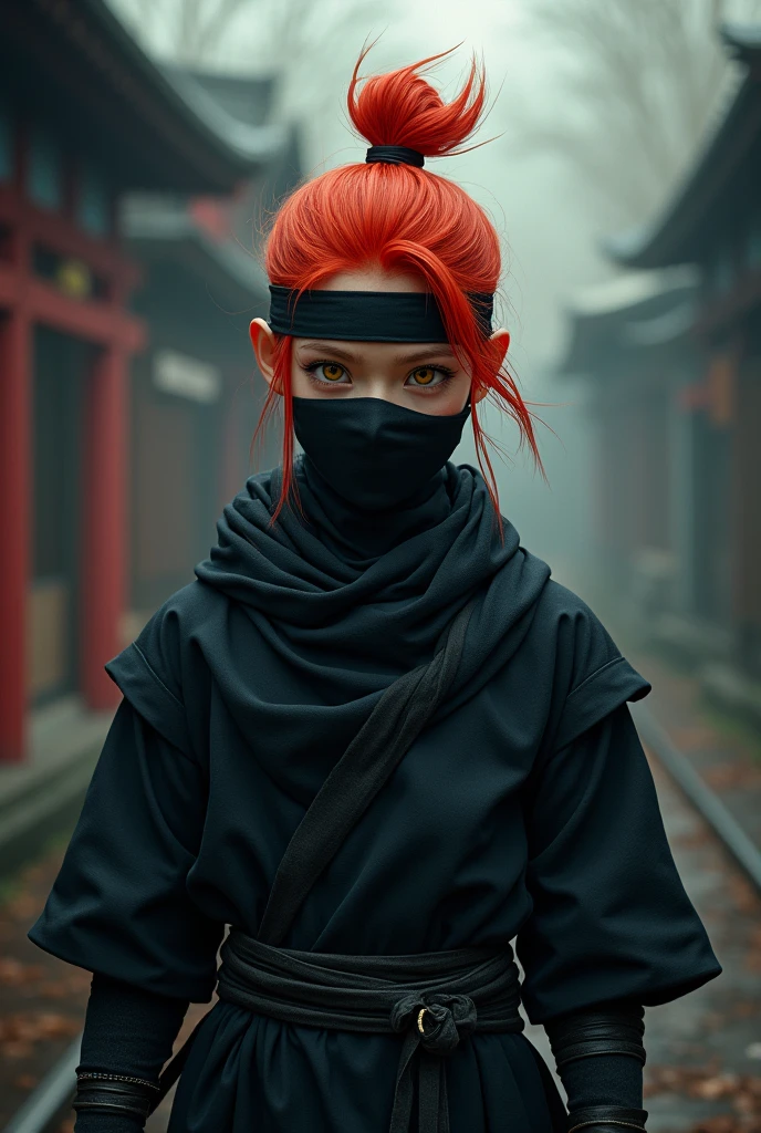1girl, red ninja suit, hidden face, red hair, red eyes, dark alley, red graffiti, japanese led, fog