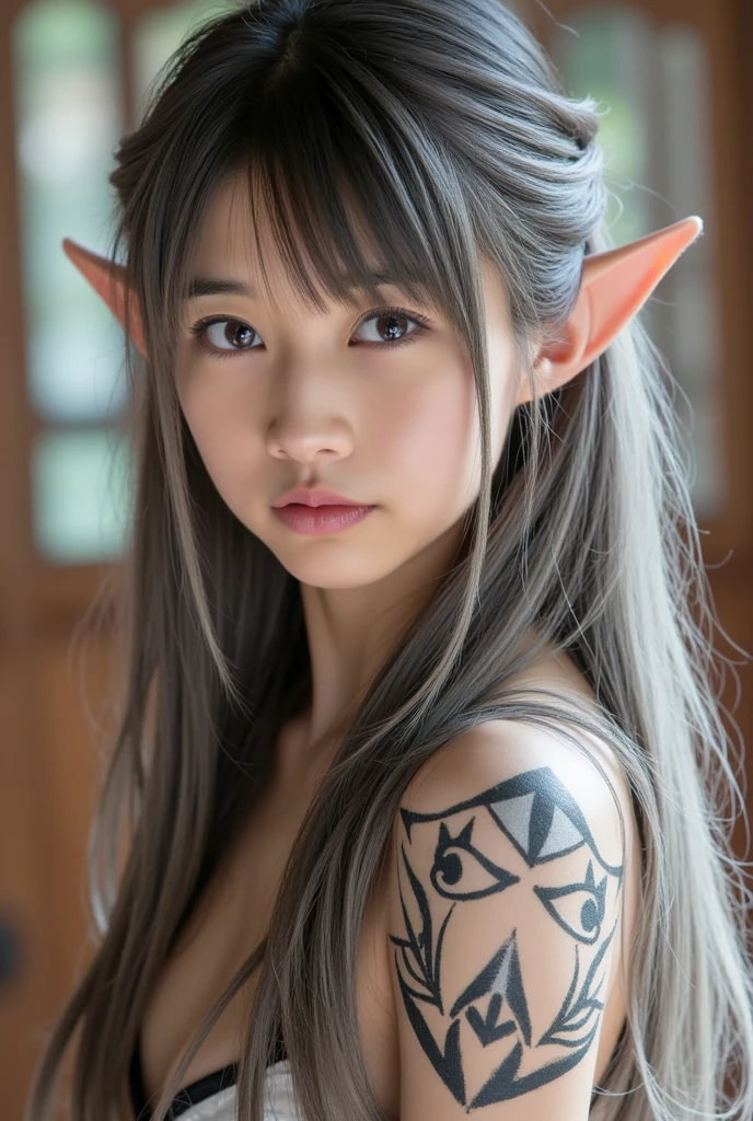 Ultra-detailed complex 3D rendering of the face, (Colossal: 7.8), (masterpiece, top quality, octane rendering, 8K), glamour shot full body image, very beautiful young elf, cleavage, (very detailed skin: 1.2), (exposure: 1.1), brown hair, (skewed silvery micro bikini, : 1.5)), one beautiful Caucasian woman, with full soft breasts and dark skin with big buttocks, Long braided hair, big breasts, dynamic angles, mystical expressions, ultra-realistic photos, ((((portrait))), bare feet, futuristic urban background, facial muscles, detailed and beautiful queen gold crown, in the style of Marvel Comics, ArtStation trends, clear focus, studio photography, intricate details, very detailed, detailed red eyes, very detailed, Sharp Focus, Digital Rendering, Professional, Abs, Dark Grey Background, ((((Sexy Pose))), Glossy Skin,