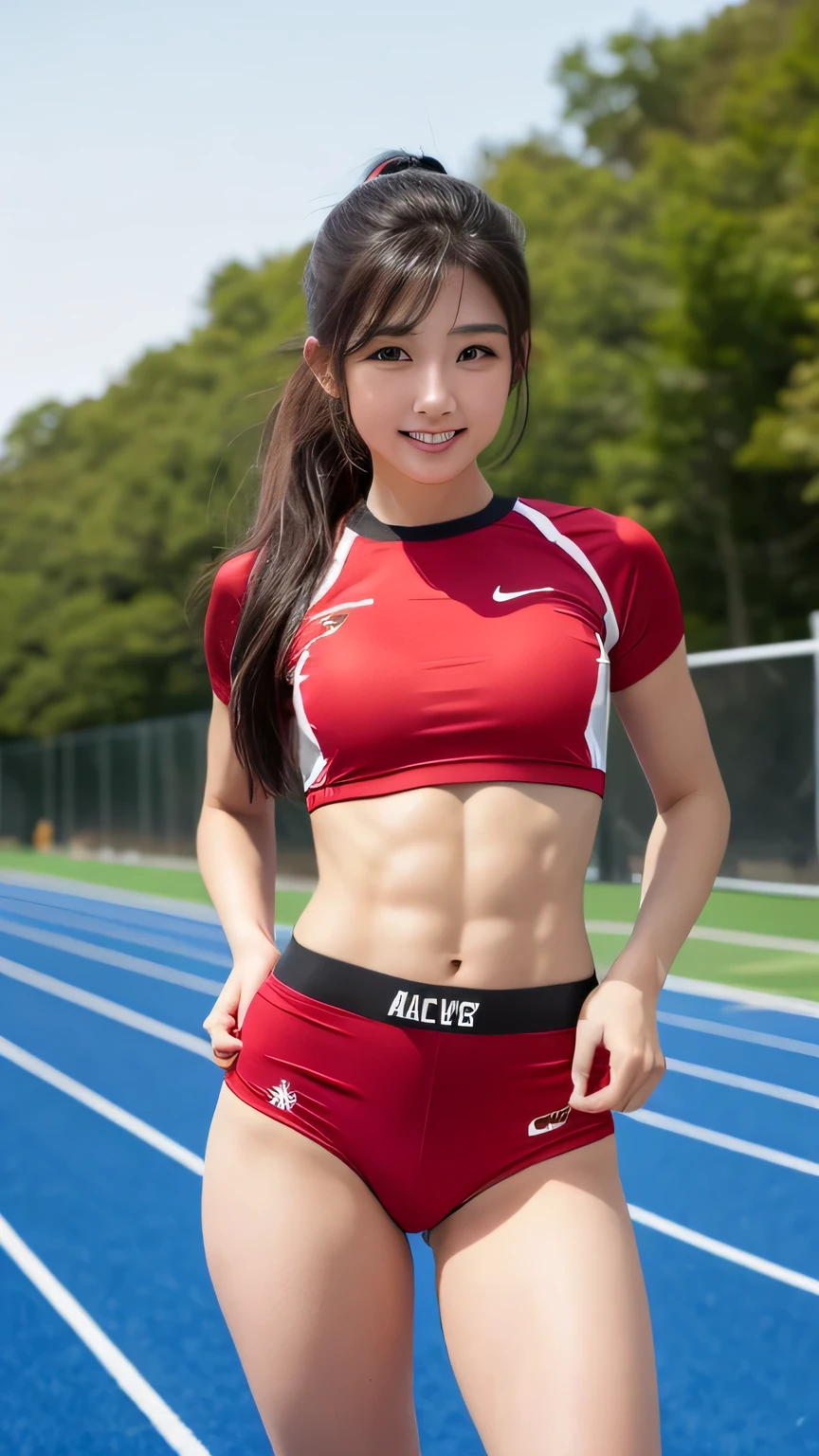(The highest image quality:1.35), High quality, (8K:1.3), Realistic Photos, (One beautiful woman:1.33), Beautiful expression, (Eyes and faces with detailed:1.3), (Lustrous hair:1.3), (muscular body:1.2), (Woman exercising on the playing field), Smiling, (Beautiful lighting:1.2), Super Detail, high detailing, High quality, High resolution, Sporty physique, (able to see shape of nipple:1.2), (Very short hair:1.4), (Beautiful woman), (cleavage), (Cute navel:1.2), (From head to knee:1.4), (Standing Pose:1.3), (Depth of field f/1.8), (View Camera Lens:1.35), Sharp Focus, Raw photo, (Track and field uniform:1.4), (Athletics stadium at night:1.4), (Cowboy Shot:1.4), (Brighten your face:1.4),
