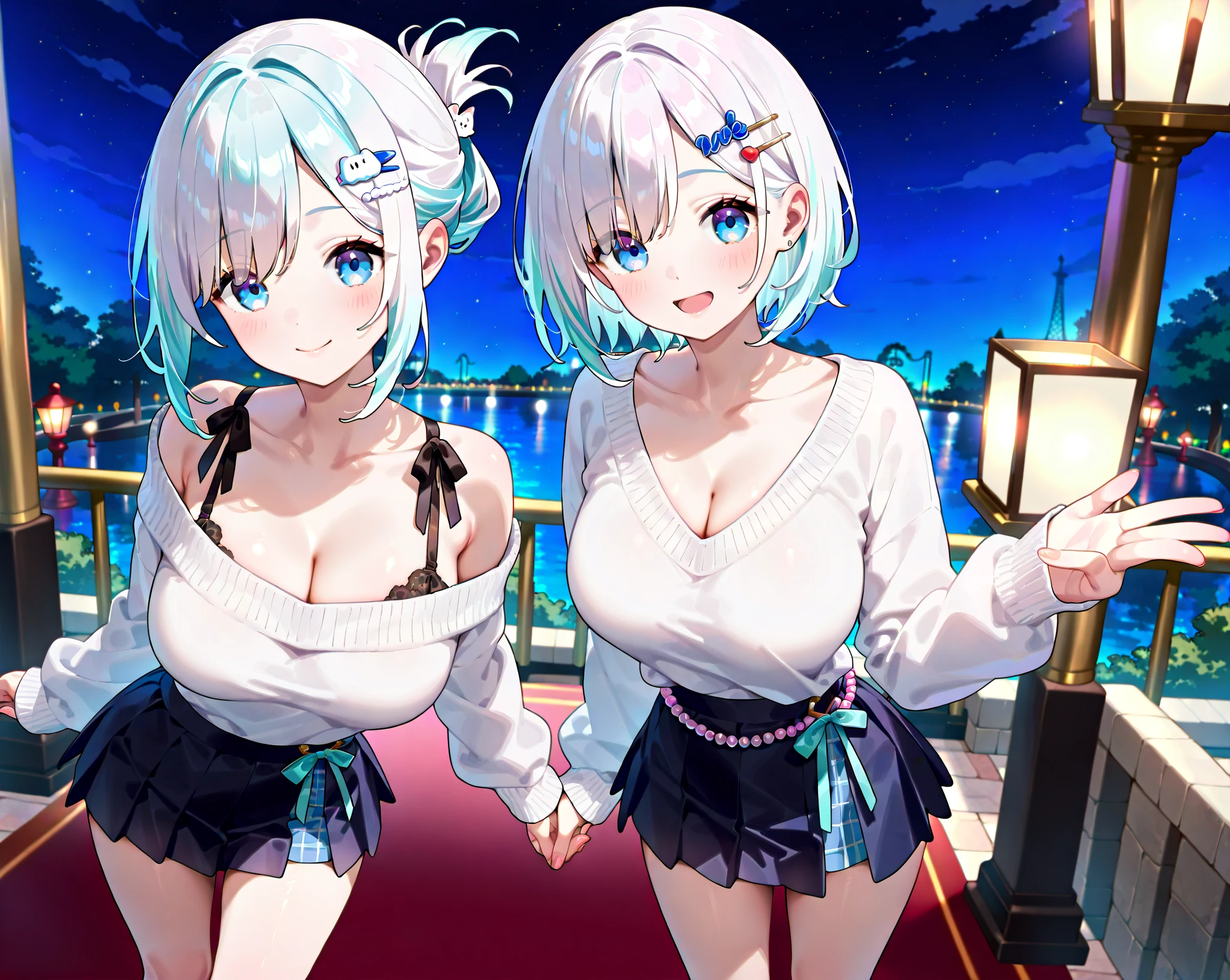 (((masterpiece))), ShizukaMikazuki, One Girl, alone, View your viewers, Long Hair, Gray Hair, Long sleeve, Cleavage, Large Breasts, Mature Body,clavicle,Clear blue eyes, High Ponytail, The look of temptation,Embarrassed face, Blushing ,Play sports often,Belly button exposed ,Silver navel piercing,Navy blue head ribbon, Surprise and delight,Sunset view