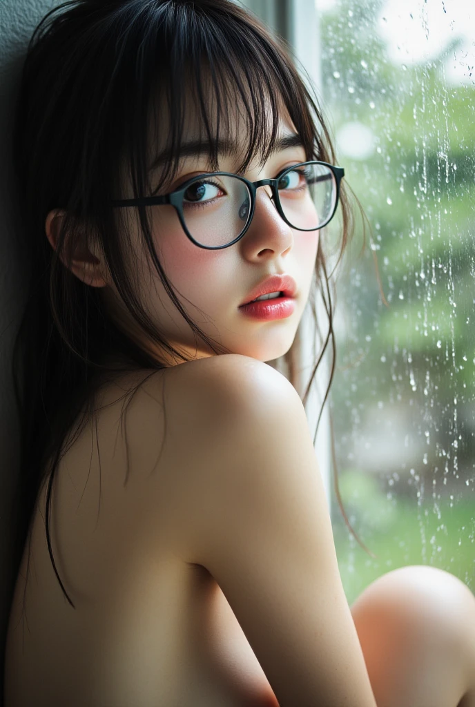 Best image quality, masterpiece, ultra high definition, (Fidelity: 1.4), photo, one girl, [(sadness)], white shirt, dim, dark, hopeless, pathetic, cinematic, tears, tears, (torn clothes: 1.5), (wet clothes: 1.4), bare shoulders, real rain, wet hair,.. round brown glasses, sheer,