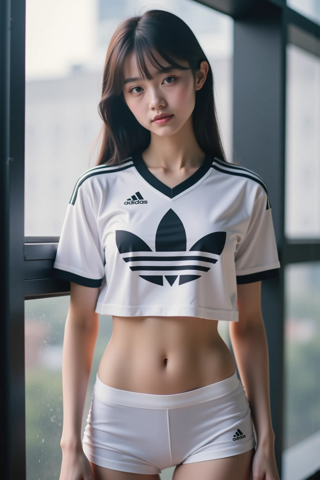 ((tmasterpiece, best qualtiy)),A highly detailed,8K,realistic focus,Complicated details,a big breast chinese girl,Female volleyball player,Volleyball uniform,(((Wearing the number 9 shirt))),Black lace panties,over knee socks,(((Indoor arena background))),Tall guy,long leges,pony tails,Cocked buttocks,(((little breast))),tit,Open your clothes,revealing breasts,See the breasts,See the nipple,Robust body,Sexy and robust,Detailed abs,Detailed muscle lines,teat,dynamicposes,Greasy body,sweating body,Normal body proportions,Normal face,Normal hands,frontage,fully body photo,tall image,Look from the bottom up,look from down,