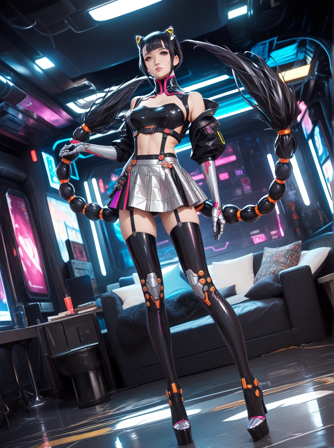 Alfonse Mucha、femele,Date glasses、It has horns like sheep、Wearing a necklace、cat ear、hard rock、Wearing a camisole、Wearing a skirt with a black belt、Diabolical、short-cut、With sleeves、Shoulder out、Wearing boots that show the navel、Paleo wearing、singers、Double teeth are visible、Long skirt、Portrait up to the chest、Colossal tits、makina、teens girl、bras、cyborgs、Composition visible to the toes、