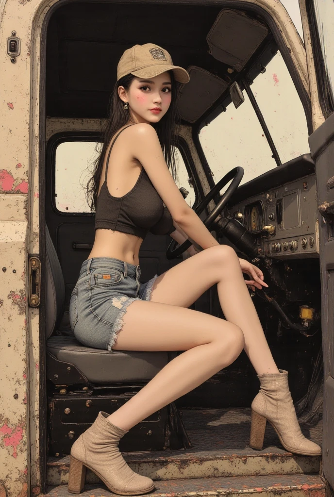 Truckers girl, 1 girl, solo, long ponytai, truck, wink, smile