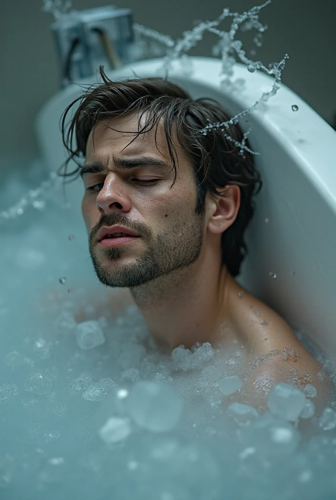 A man with long curly hair bathes in milk