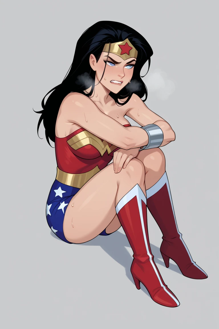 dianaprince, diana prince, blue eyes, black hair, 1 girl, jewelry, star \(symbol\), star print, superhero, An expression of shame on the face, confusion, Despair on the face, Clenched knees, Tense posture, bites lower lip, anatomically correct, realistic, side view, (((full body focus, ankles tied, arms tied Sit on a chair))), and
