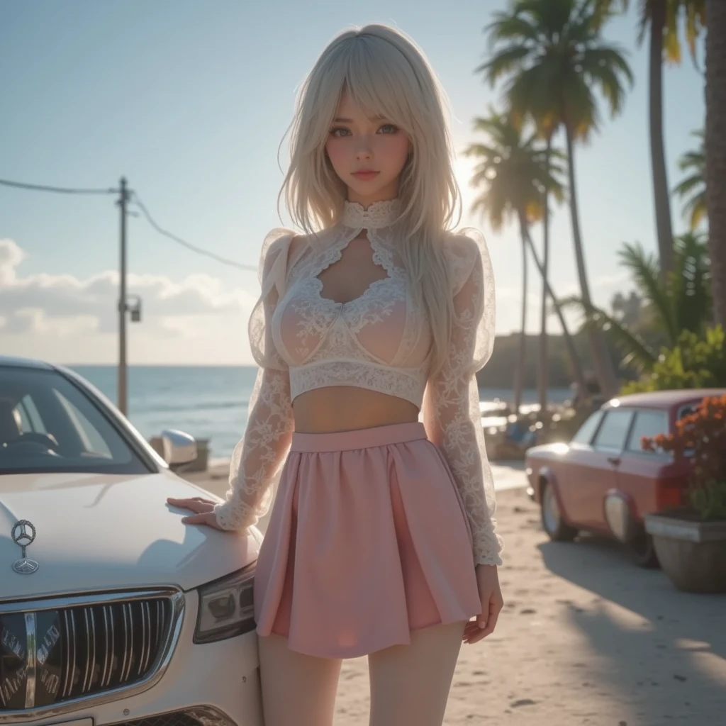 Beautiful tall square Roblox female doll, with long white hair and white police cap, white short blouse and no lips, Caucasian skin, no mouth, and beautiful body with thin stomach, leaning or sitting on a classic car, no lips, no mouth in anime drawings, Vice City GTA, stone mountain background on the beach with pink sky, anime drawing, high quality, (RAW photo, best quality), (realistic, photorealistic: 1.4), (extremely delicate and beautiful: 1.4), amazing, fine details, masterpiece, ultra detailed, high resolution, best illustration, best shadow, intricate, ( extremely intricate: 1.2), (exquisitely detailed skin), cinematic light, perfect anatomy, (cool color: 1.4), sharp focus, 8k UHD, DSLR, (Fujifilm XT3),Neon Signs: The vibrant and eclectic glow of neon signs lining streets and alleyways, adding character to urban nightlife, (Fondo palmeras negras grandes GTA:1.4), (estilo encaje lingerie yellow :1.4)