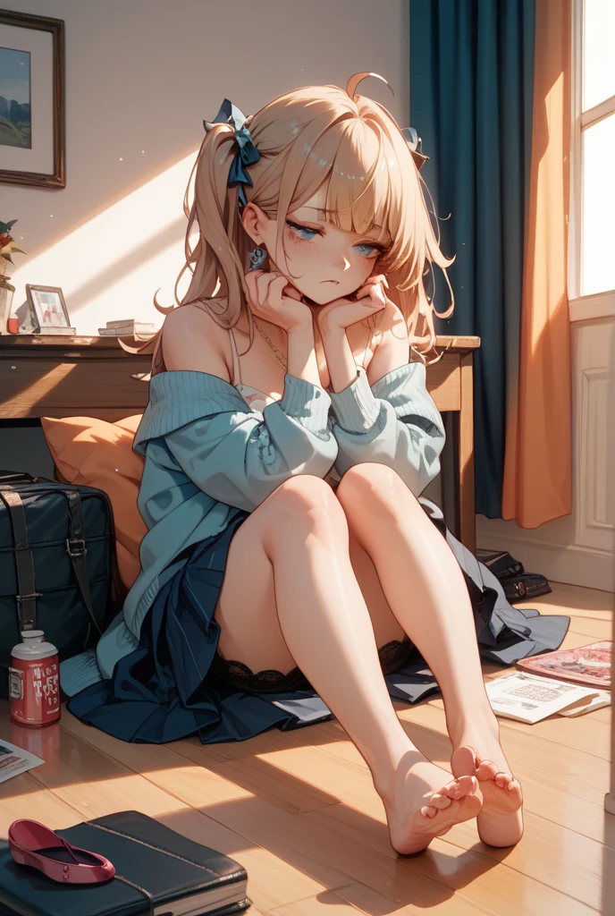  ((best quality)), ((masterpiece)), (detailed), 1girl, off-shoulder baggy sweater,clothes too big, exposing,(little chest),(big forhead:1.2),(beautiful big eyes:1.3),extremely detailed cute anime face, (((flat chest))),((((long twin braids,tight braids,long braid,braided hair,long hime cut,colored inner hair)))),intricate eyes,beautiful detailed eyes,symmetrical eyes,(((detailed face))),beautiful detailed lips,(nsfw)), ((downblouse, upskirt)),(baggy, sagging clothes, upskirt, downblouse), dynamic pose,looking at viewer, (((embarrassed))),(horrified expression),(crying),highres,(best quality),(ultra detailed,extremely detailed),perfect face details, ((masterpiece:1.4, best quality))+, (ultra detailed)+, long twintails, cute girl,blue clothes, (flat chest:1.3), NSFW, small breasts, prominent collarbones, skinny arms, flat stomach, visible hip bones, long hair, red hair, white hair, blonde hair, dark hair, ponytail, thick ponytail, heavy ponytail, small breasts, NSFW 