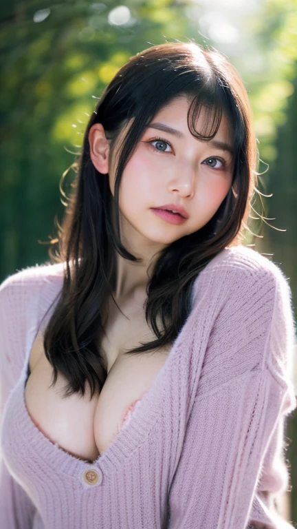 masterpiece, highest quality, 8k,Ultra-high resolution、Head to knee photo、 20th Generation, Large Breasts, cute, alone, sad, cute, girly, cute、Delicate girl, Pure beauty, RAW Photos, Professional photography, Soft Light, Professional Lighting, blue sky、sun、Backlight,(Top of the Hill),(Tall green grassland:1.1), avert your eyes, Sophisticated, Film Grain, (Eye and facial details:1.0), Floating Hair、Messy Hair、Wavy long hair、Asymmetrical bangs, Round face、Young Face、(Large Breasts:1.8)、nipple protrusions are clearly visible,、Cleavage、(A loose cream-colored cardigan)、(Micro Mini Skirt(Pink))、Voluptuous thighs、Translucent white skin、dolly make、(Odd Eye、Heterochromia iridis、The irises of each eye are different colors)