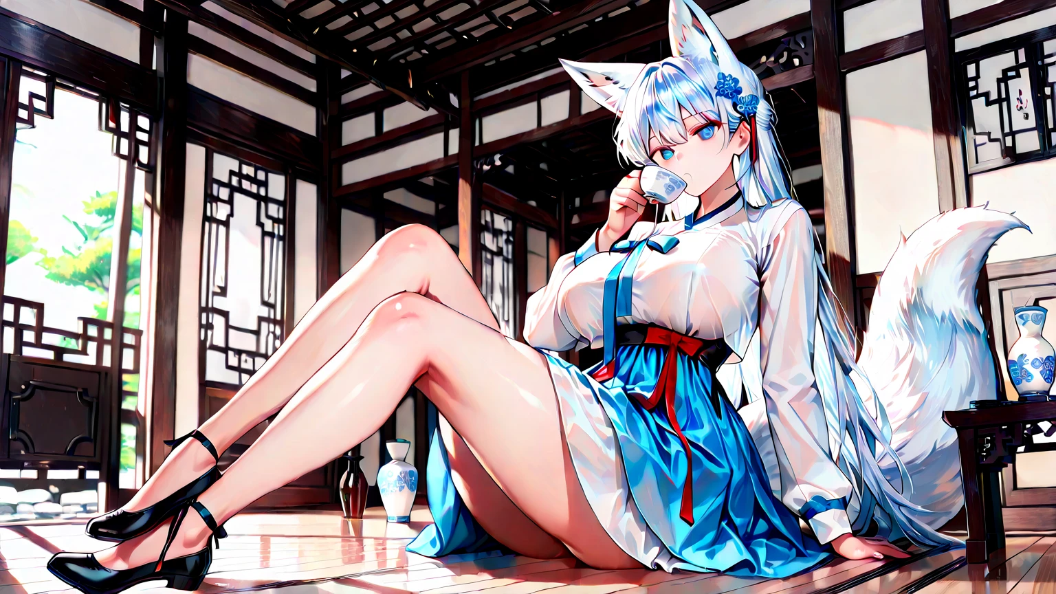 ((Highest quality)), ((masterpiece)), (detailed), (nsfw), the cartoon girl is sitting on the couch wearing a pink outfit, 1girl, 独奏, thighhighs, twintails, pelvic curtain, white thighhighs, double bun, large breasts, long hair, blush, blue eyes, looking at viewer, chinese clothes, sitting, spread legs, open mouth, tongue out, naughty face, pussy
