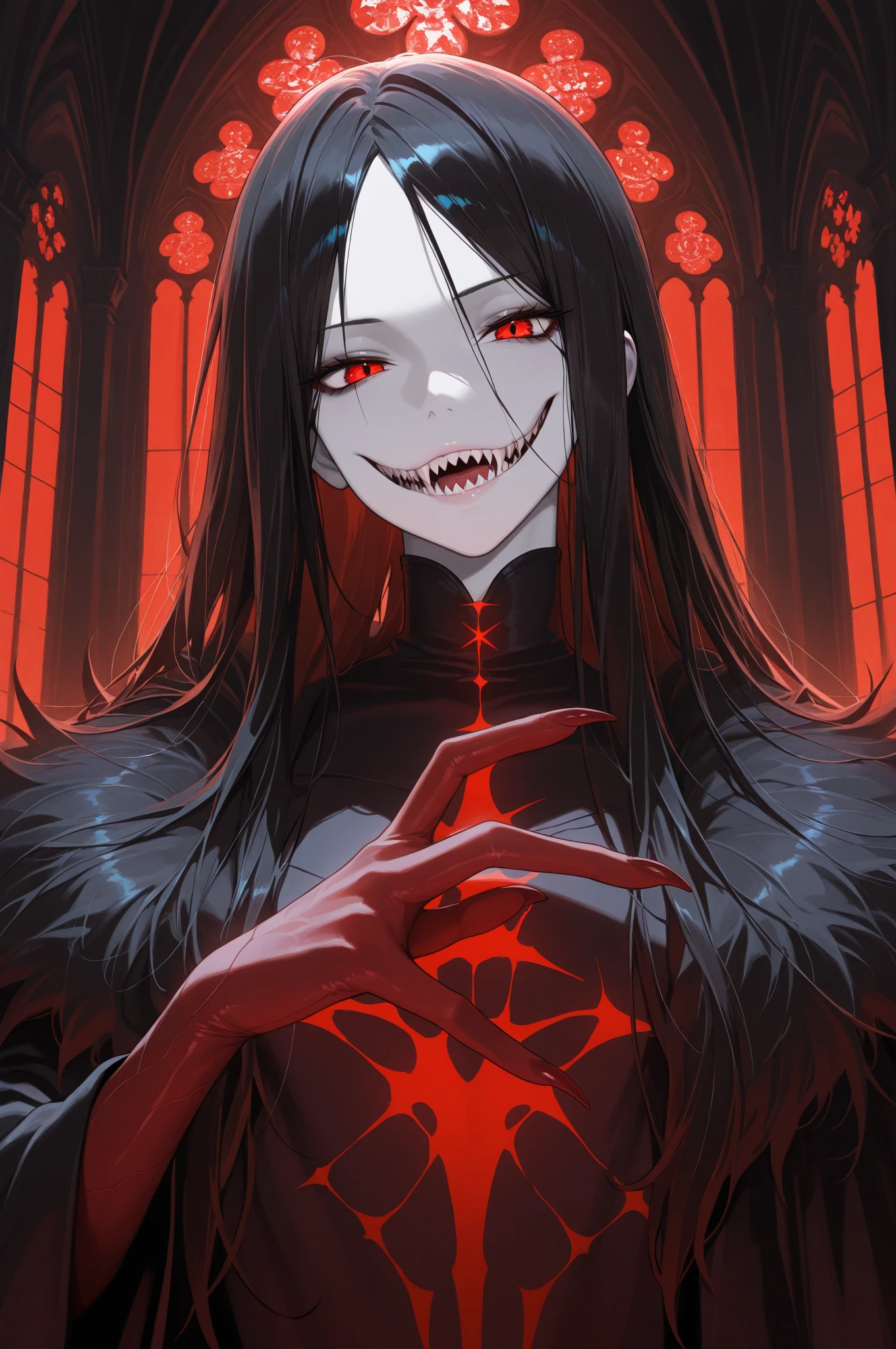 Solo-man, tall man, slender, shoulder length black hair, amber eyes, psycotic eyes, evil smile, gray robes, black cloak, leather gloves