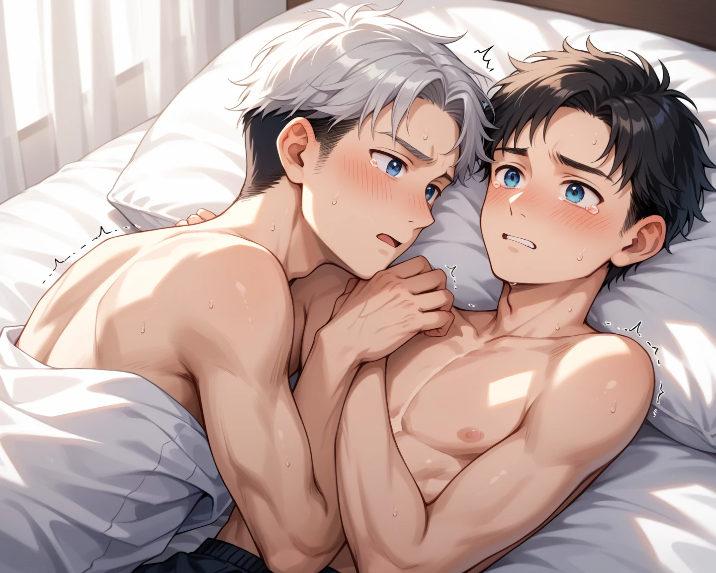 Twin brothers, males, 21 years old, pale skin, white hair, shirtless, in bed, side view, full body, black face masks, dim lighting, nighttime