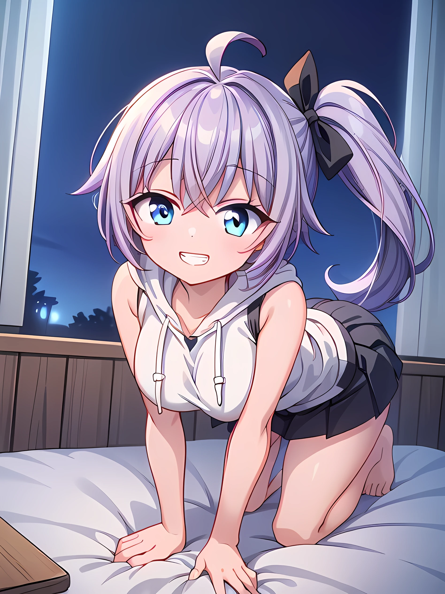(((masterpiece))), ((Highest quality)), (Very detailed), ((High resolution)), ((8K)), ((Anatomically correct)), One very cute girl, (Baby Face), ((Big Breasts)), Beautiful nipples, Short Hair, Light purple hair, Letting down your bangs, (Short), (Petite), Charming smile, Dark purple eyes, Best moment, Delicate arms, Detailed skin texture, Intricate details, Very detailedな顔, Beautiful thighs, Beautiful curves, (Sweating), On the bed at night, (barefoot), ((Open your legs)), Looking up, Love juice, Mouth open,
