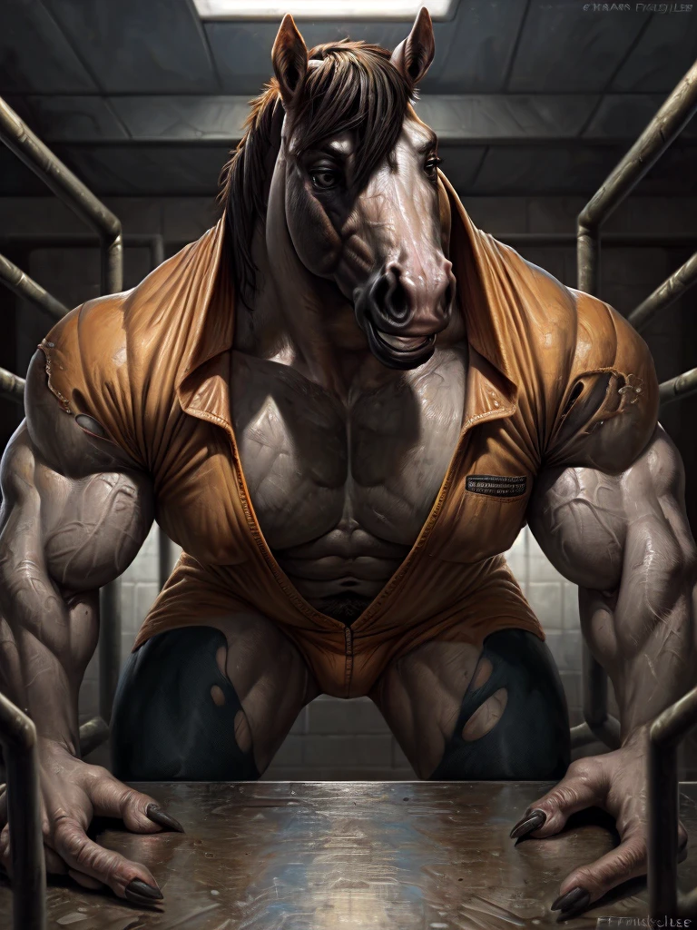 male anthro horse, muscle, heavy build, grey fur, darker snout and forearms, black mane, cute soft muzzle, kind, jeans shorts, sweat wet, overloaded with cargo, struggling, exhaustion, correct anatomy, solo