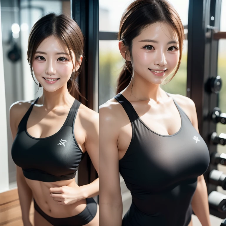 ((Highest quality、8K、masterpiece:1.3))、focus:1.2、Beautiful woman perfect body:1.4、fit body、((Bob Hale、Straight hair:1.2))、(to be born, Highest quality, masterpiece:1.5), (Realistic, Intricate details:1.2) 、A bright smile、 Beautiful Face, dark brown eyes, medium long hair, tidy natural hair, small breast, Bright skin Kodak film fine grain, High Contrast, back lighting ,Moist Body:1.5、detailed eyes、[Brown Hair]、shinny hair, ((selfie posing)) against gym toilet mirror, gym clothes, orange tight gym wear, sport wear, (left hand holding phone), (selfie pose)