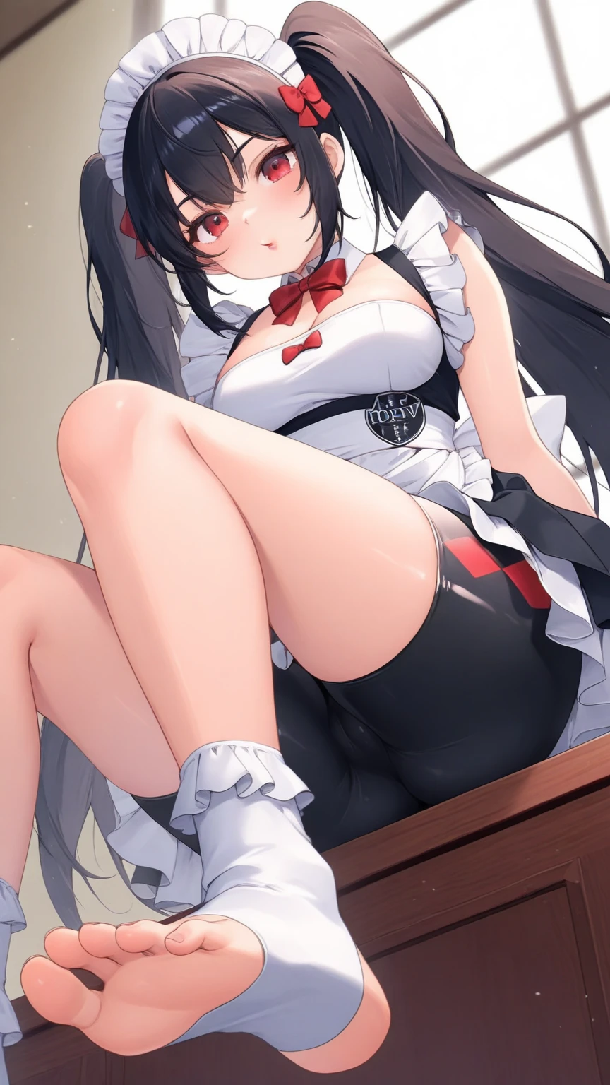 a beautiful young woman with a mischievous smile, sitting with her legs apart revealing her panties, seductive wink, wearing a mini skirt, long thick thighs, large buttocks, , twin tails, black hair, looking down at the viewer, photorealistic, 8k, hyperdetailed, masterpiece, high quality, glossy, dramatic lighting, vivid colors, cinematic