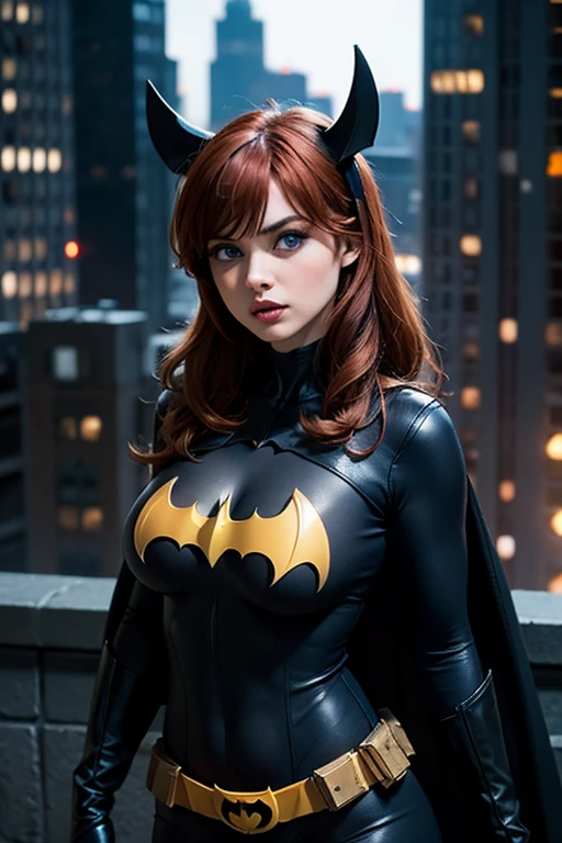 realistic eyes, detailed shadow, looking at the viewer,detailed lighting,(detailed hair, realistic hair, realistic lighting, realistic shadow, realistic clothing, realistic skin, realistic reflection of light from above,top top,sexy,night,socks,nu,big breasts,big chest,beautiful woman,(1 muher), only 1 woman, delicate face, red hair,batgirl outfit, batgirl outfit, batgirl costume, wearing batgirl mask,  showing abdomen, rain, ((wet clothing)), heavy rain, american woman, american face haunted house, abandoned house background, night
