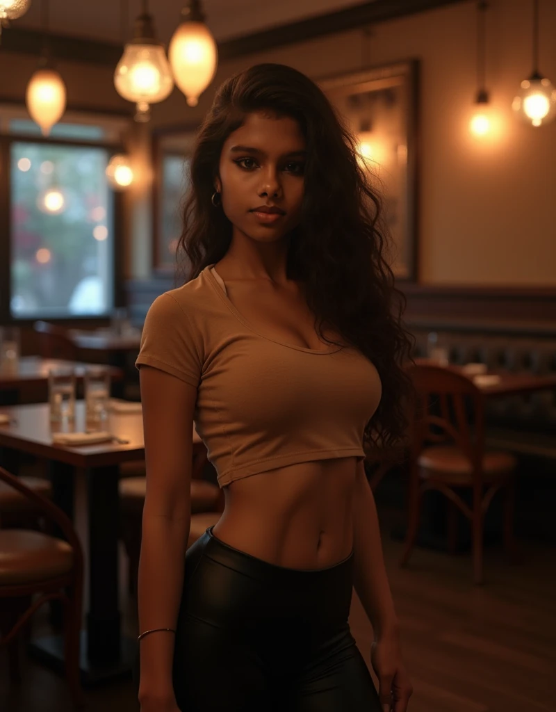 (photorealism:1.2), beautiful White woman, Sitting in USA Restaurant, wearing Pink Top, Black pent, Black soft bra, big breasts, Heathly body, naughty smile on face, Black pajama pants, long curly hair, soft lighting, USA city Restaurant surroundings, relaxed pose, realistic, intricate details, warm colors, clothes must be same in all images, by Greg Rutkowski, by Alphonse Mucha 