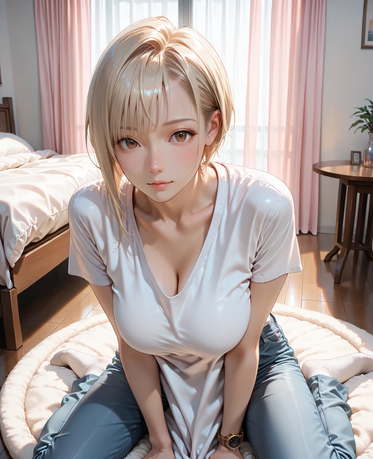 Perfect human body、(Cinematic Digital Artwork: 1.3), High quality, masutepiece, of the highest quality, Super Detail, Illustration, [4K Digital Art]、 lndswgnr, (Sharp Focus: 1.5), (Moody lighting:1.2), depth of fields, Bokeh, 4K 、High resolution, ultra-detailliert, the Extremely Detailed CG Unity 8K Wallpapers, Realistic, Photorealsitic, Raw photo, beautifull detailed face, pale skin, realistic glistening skin, Detailed Cloth Texture, detailed hair texture, Perfect body, Beautiful face, acurate, Anatomically correct, Highly detailed face and skin texture, Natural neck length, (Beautiful hands), (Glossy skin:1.2), thin legs, Thin feet, Detailed people、A detailed face、细致背景、　　　　　　Sexy Woman、large full breasts、Large cleavage、Naked man sleeps、Woman caressing、Oil muscle、Hands and body wet with fluorescent lotion、Body and clothes wet with mucus、(((sweat))), Woman straddling a man、White top and black mini skirt、