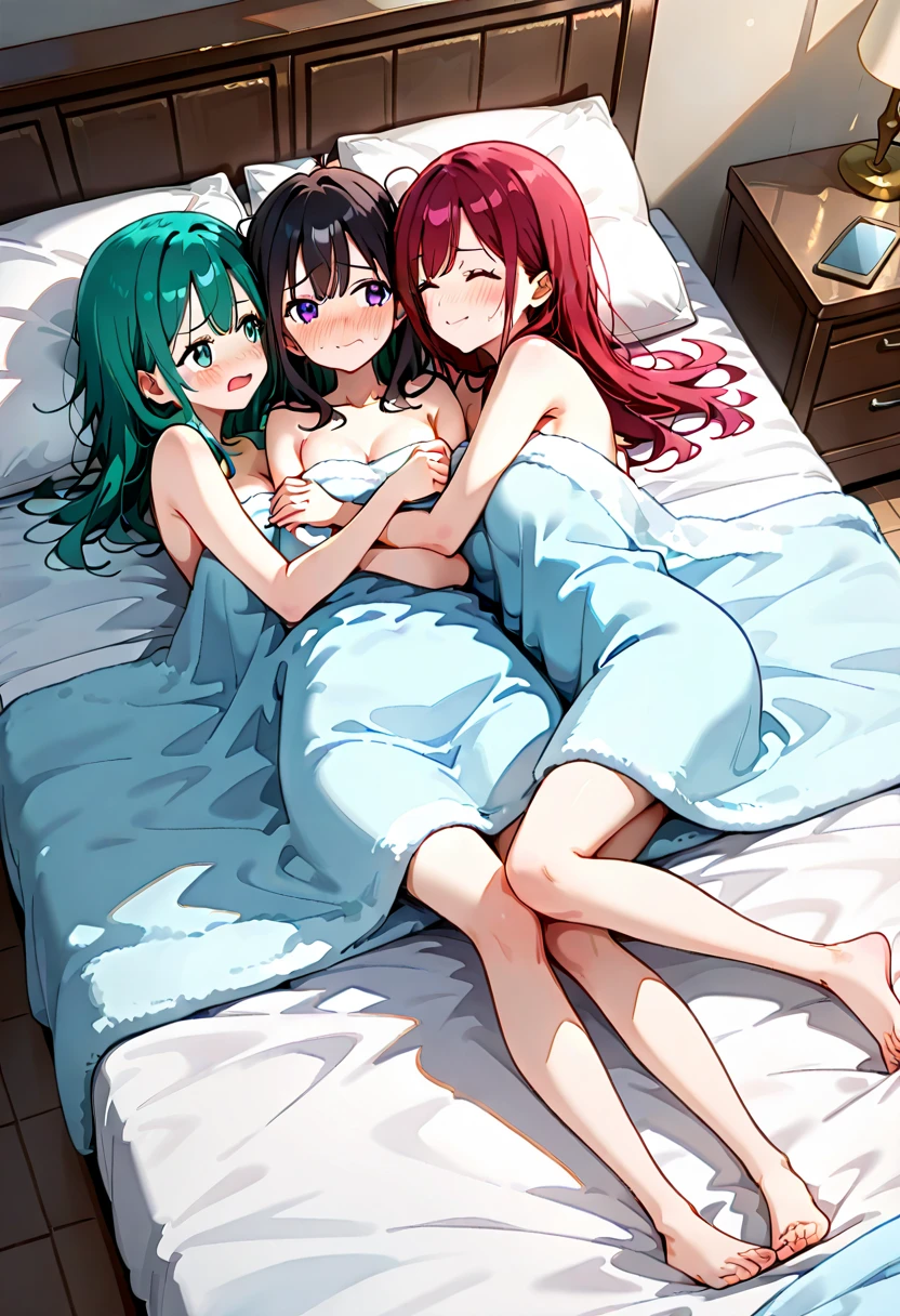 ((((((Harem)))))) (((((woman、5-people、Completely naked　Gather in the center))))) ((((Bedroom、Lie down　Large Breasts、Showing nipples　woman器を見せる　Hot face))))　(((Rainbow Hair、short hair　blue eyes　woman　sexy)))，((sunlight))，(smile)，Open your mouth　Shining Background　Shining Edges