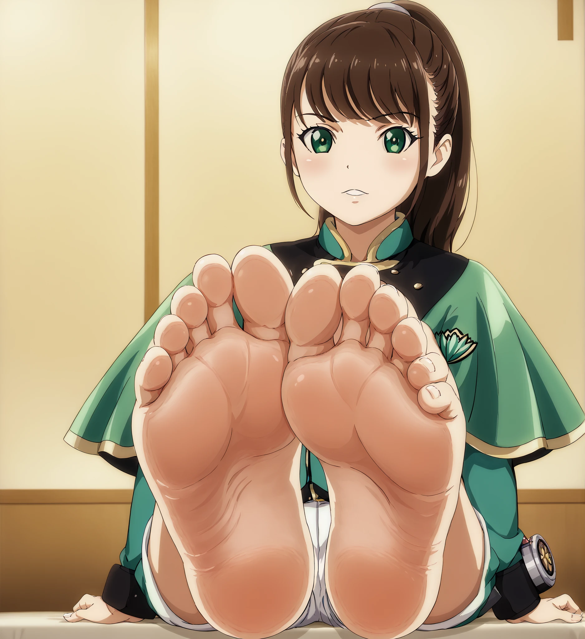 senahayami, ,brown eyes, long hair, ponytail,senauniform, green eyes, white shorts capelet,, senasports Buruma,,feet,feet, senasports Buruma,,senauniform, green eyes, white shorts capelet,,senahayami, ,feet,スコア_9, スコア_8_アップ, スコア_7_アップ, スコア_6_アップ, ソース_アニメ, アニメ screencap, 無修正 ,つややかな肌, enahayami , ソロ, ブラウンヘア, ポニーテール, senauniform , ショーツ, オープンマウスハッピー , 茶色の目, ロングヘア, 緑の目, white ショーツ capelet, スマイル,, 足裏,裸足,maku_lu_style, foot focus, barefoot, sitting, toes