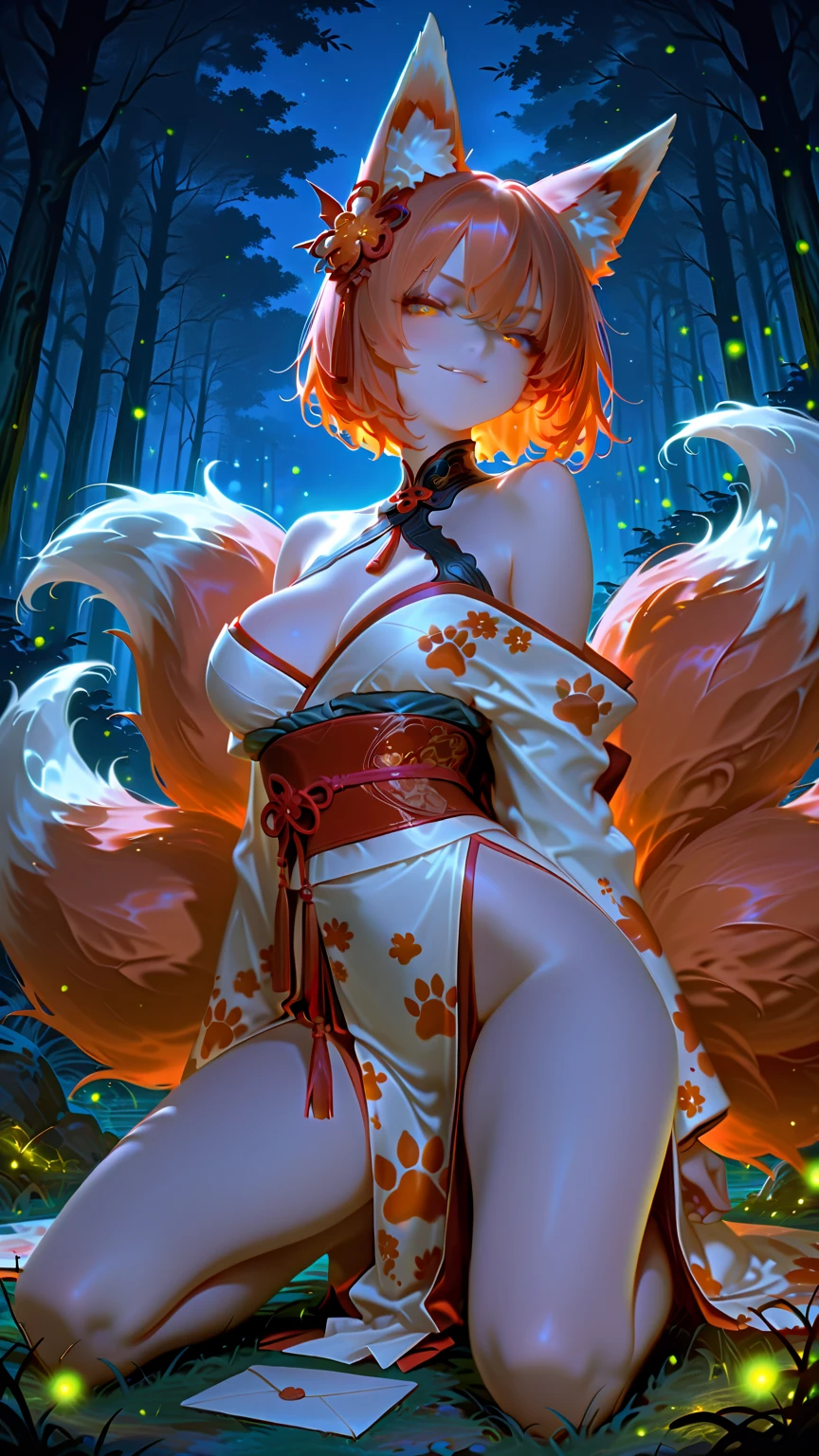 short detailed hair，Fluffy light orange，Wear a white and orange fluffy skirt，It has orange fox ears，Black extra-thick-rimmed glasses，Wearing knee-length white silk，panties visible,  big breasts,  This is a cute loli girl