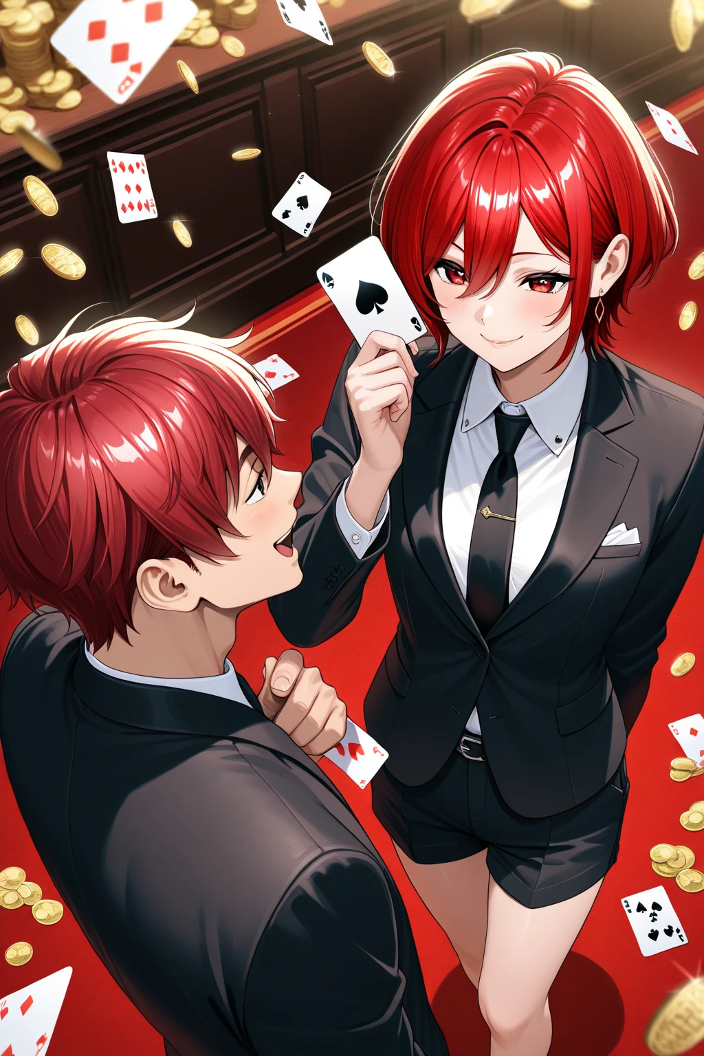 1 boy,handsome,black short hair, conjunctivitis, Side parted hairstyle, vampire, handsome, Elegant and charming magician,ruby eyes,short blonde hair,Emitting a bright light,Behind there were countless skeletons.,Scatter the cards down.,Anime,handsome,look good, stand, nighttime, Close-up photo,Ultra details, HD ulta
