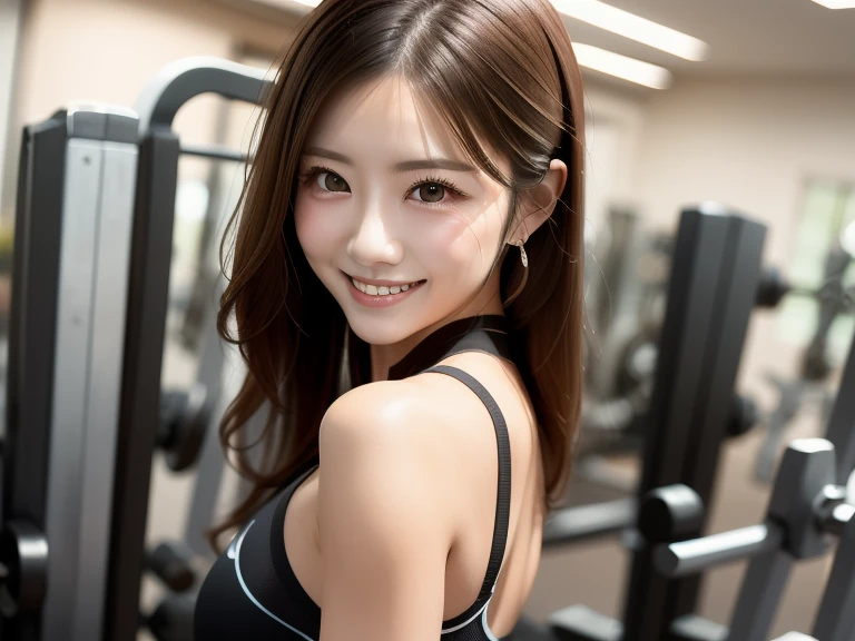 seed:381696201((Highest quality, 8K, masterpiece: 1.3)), concentrated: 1.2, Cute girl 1,Nipples erect、 Perfect beauty: 1.4,T-Shirts、Shorts、Randall Color:1.1, Highly detailed face and skin textures, Fine grain, double eyelid, whitening skin, ,Highest quality,Ultra-high resolution,you,1 girl,alone,_Shiny_skin,Iris,necklace,((brown_length_Wavy_hair)),(lips)),eyelash,Front hair,deal with,compensate,Shiny,pore,skin texture,Large Breasts、smiling face、A beautiful 20-year-old Japanese woman working as a temporary staff member runs on a treadmill in a modern gym. The scene depicts an energetic and active atmosphere, with the woman in athletic wear, focused and determined. The gym background includes other fitness equipment and a spacious, bright environment.