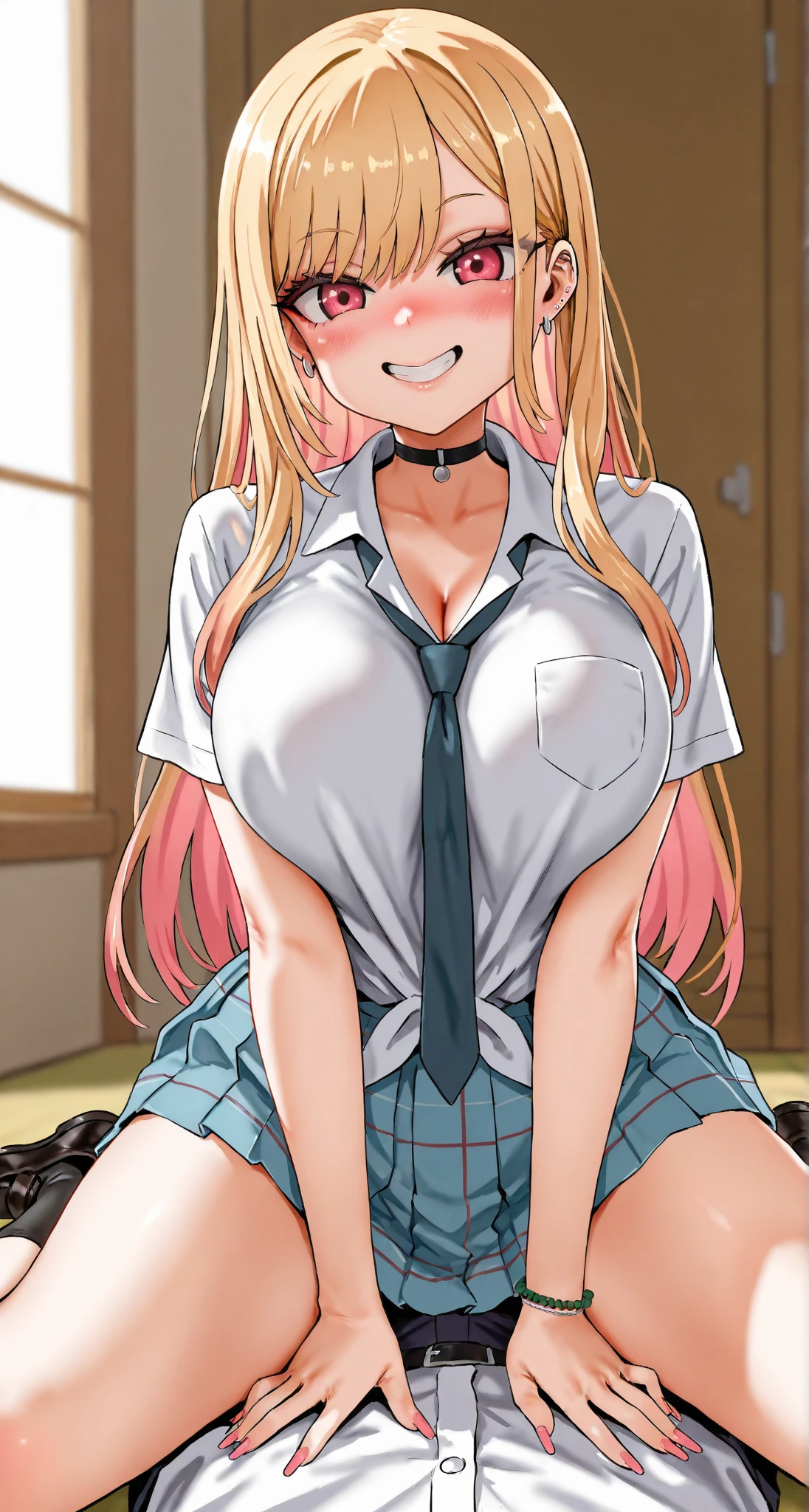 score_9, score_8_superior, score_7_superior, sauce_anime, Marine Kitagawa, One person, smile, superiorper teeth only, Multicolored Hair, Long Hair, Magenta Eyes, ear piercing, earrings, Pink Nails, Black choker、Neck bell、ring、Collared shirt、White Shirt、Short sleeve、Blue tie、Checked skirt、Blue Skirt、Thai Shirt、,((Partially unbuttoned)),, Sexy pose, Seductive pose, 1girl, breasts,bondage outfit, colored sclera, spikes, large breasts, black sclera, spiked collar ,Futanari、Penis No Nuts,Grab,Masturbation、 Grab,Are standing