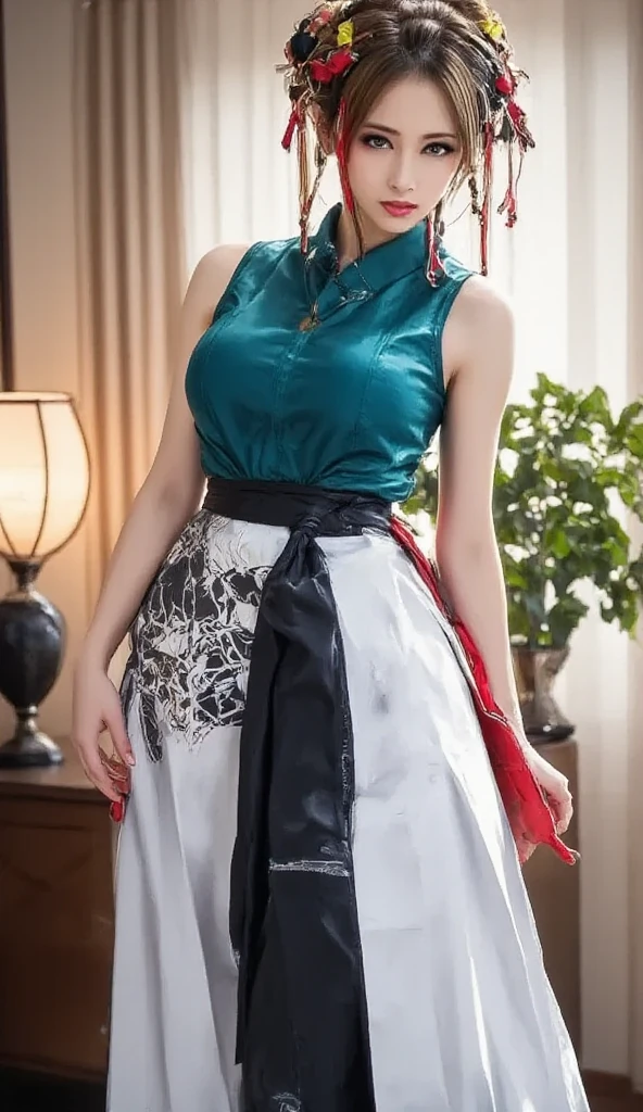 A cute girl, short purple hair, yellow eyes, Palestinian attire, large breasts, a black dress embroidered with red embroidery, a long-sleeved dress, a belt