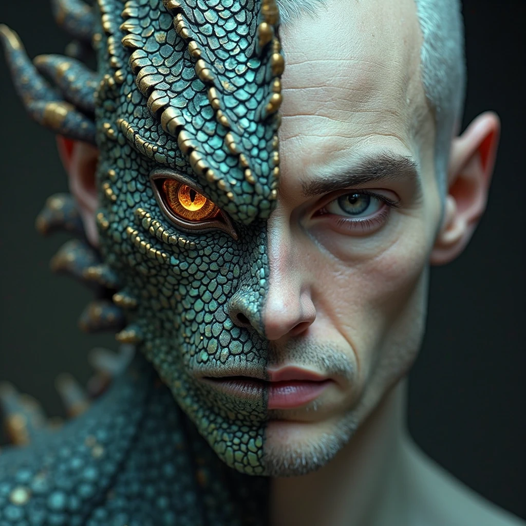 A man wearing a full - body tattoo of a dragon, the tattoo meets the man's face and blends into a scaly draconic visage covering half of his face, super realistic, iconic photography, intimidating and fierce, dynamic pose, unconventional perspective, award - winning photo, full length, BREAK <lora:difConsistency_photo:0.5>, BREAK <lora:difConsistency_detail:0.8>