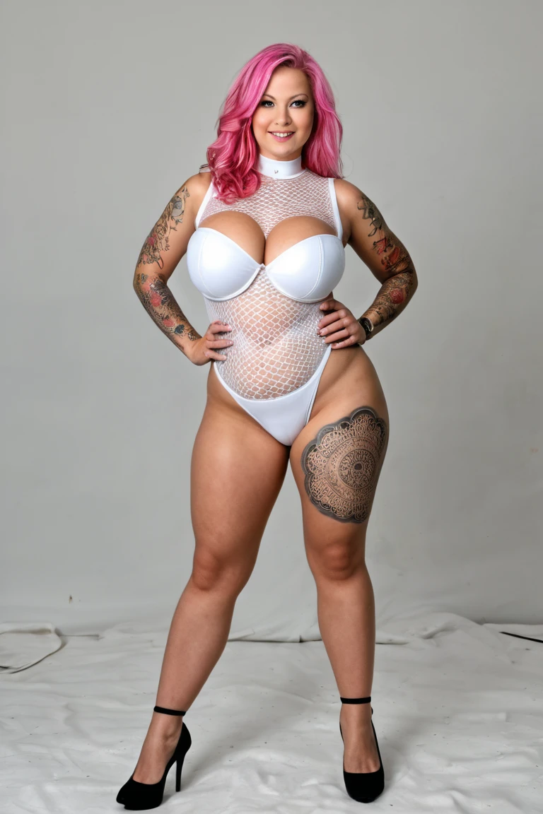 Anatomically Incorrect barby doll, a woman with blue hair and tattoos is posing for a picture, doja cat, ava max, chrome bodysuit, tattooed body, inked, tattooed, fully tattooed body, cyberpunk bodysuit, bodysuit, metallic cyan bodysuit, nicki minaj curvy, tight outfit, sexy body, tattoos all over the skin, kylie jenner, the super hot and sexy, very sexy
