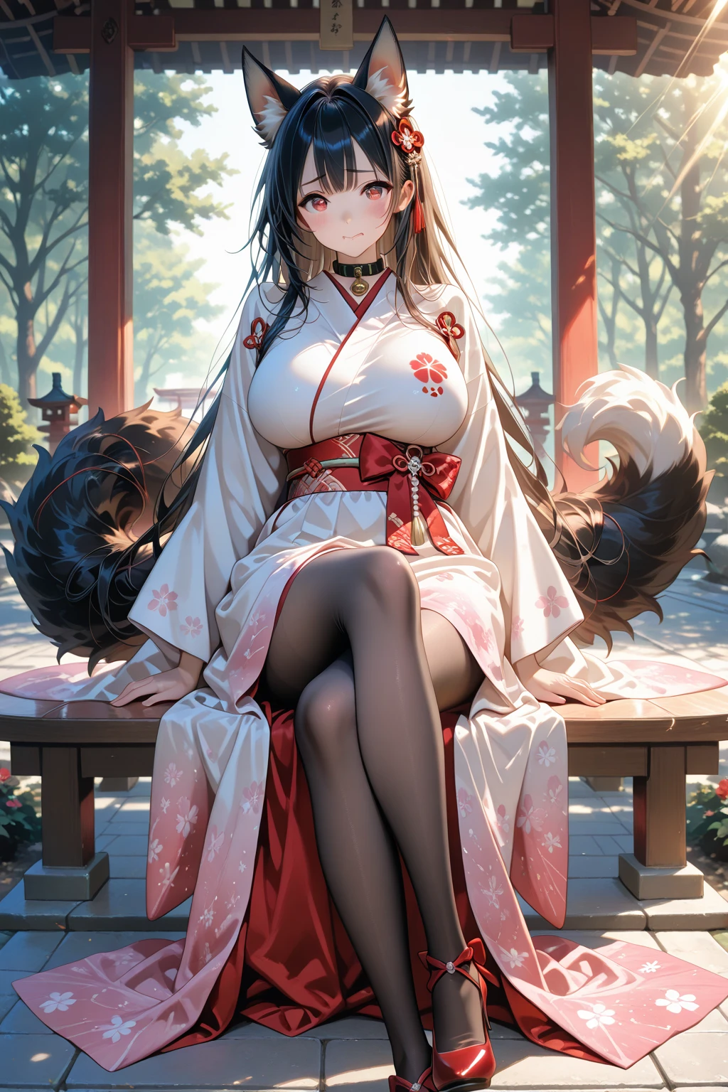 A black-haired woman wearing a shrine maiden outfit with slits in the legs Spread your legs Upper body fluttering Have a revolver pistol Thigh-high boots