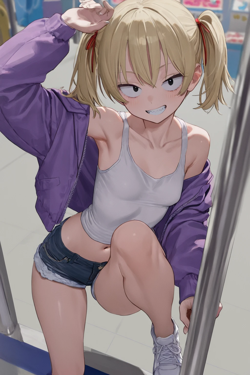 girl, summer festival, unzipped shorts, pussy peek, pussy, no panties, sweat, sweatdrop, wet clothes, t-shirt, belly, pussy juice, happy, blushing, bare legs, slim, full body, barefoot, excited, thigh strap, standing, small breasts, ????? nipples, got so excited she squirted a little