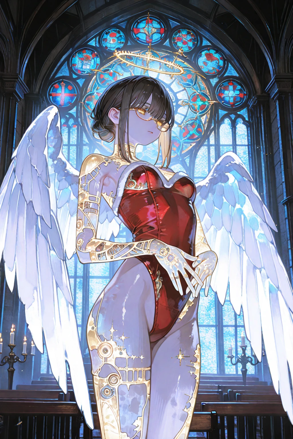 ((best quality)), ((masterpiece)), (detailed), 1girl, Character design, female, dynamic poses, long white grey hair, grey white eyes, very skinny, detailed, best quality, no accesoires around the neck, no shoes, prominent collarbones, skinny arms, flat stomach, visible hip bones, full body, blank white background, plain background, white background, red and white clothing, Bloodborne inspired, occult aesthetic, occult, detailed and intricate steampunk and detailed gothic, NSFW, Very dramatic and cinematic lighting, cosmic horror, grim-dark, side-lighting, perfect face, NSFW, Fluttering lace flared long knee length dress with frilly petticoats, knee length dress, pleated petticoats, petticoats gothic, complex lace boots, side-lighting, gothic aesthetic, wielding a mighty sword with mechanical components, mandalas, small breasts, a fairy, various different types of insect wings, NSFW, full body, whole body, body, plain background, white background, blank background, no background, white background NSFW, chains, full body, whole body, head-to-toe NSFW