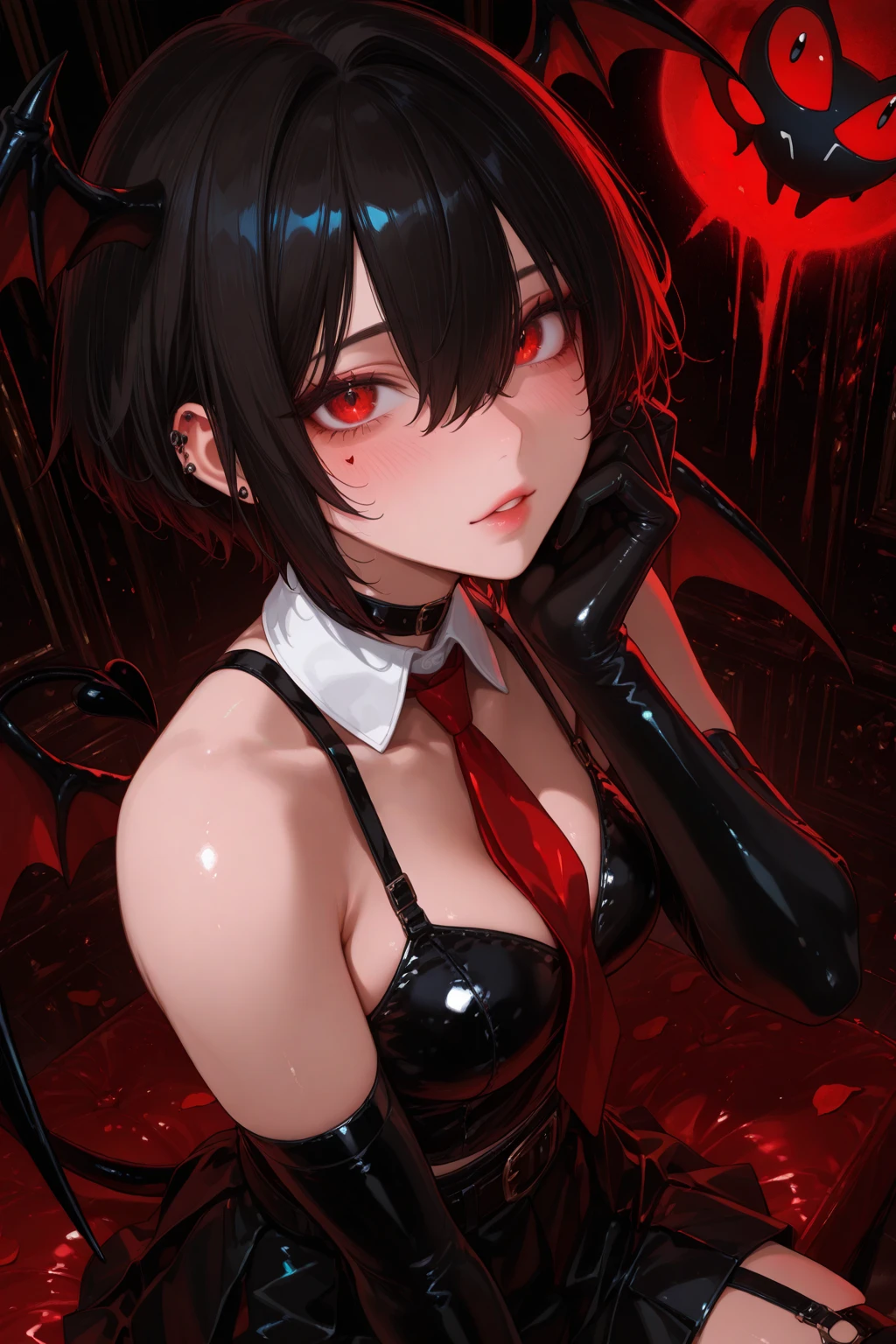 Vampire with short black hair, red eyes and blood in her mouth, showing her nipples on a bed on all fours with her tongue out at night 