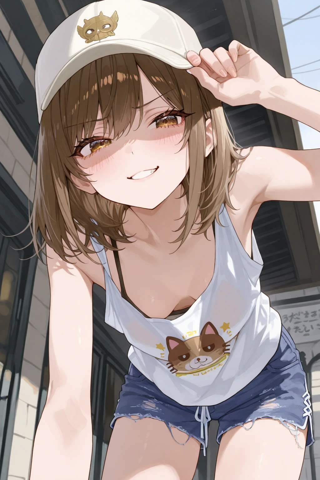 ((Masterpiece)), ((best quality)), (Anime:1.3), (super detail:1.2), (High Definition:1.3), (Professional Photography:1.3), (sharp focus), (perfect light), ((12 years old)), 8K, Glossy skin, cinematic lighting, 1girl, wide-shot, ((wearing oversized hoodie)), zip up, fluffy shorts, exposed bare neck, (Cute innocent teenage girl), (Healthy slim body), small breast, glossy medium hair, (loose blunt bangs), :d, open mouth, (sticking out tongue), (naughty smile), beautiful collarbones, (exposed shoulders), (cat ears), pale brown hair, messy Hair, BREAK, ((best quality)), (sitting on Dubrovnik townscape in Croatia), summerday, Beautiful and clear Adriatic Sea,abarastyle,