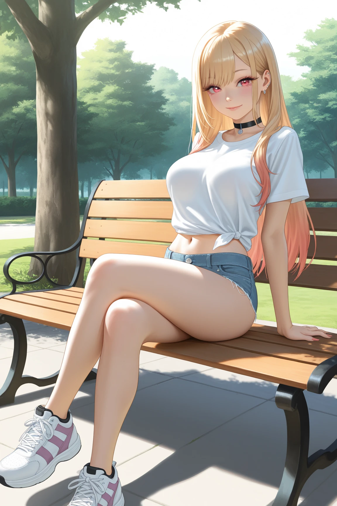 A woman sitting on a bench, big breasts, doll look, eyes are staring into nothing, perfect body, beuatiful, european, wearing shorts, and crop top