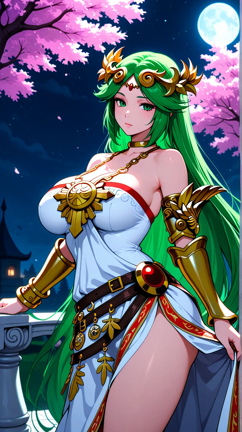 masterpiece,Palutena_??? Icarus ,best quality,Palutena dress, gigantic breasts,muscle,in dungeon, looking at viewer, cowboy shot,green hair, curvy, bule eyes,a female tyrant with a penchant for torture,fog,drenched in sweat,pink cheeks,shiny suit ,smile, white teeth,gloomy light,balanced eyes,The two hands are interlaced in front of the chest,plump body,jewelry, golden laurel wreath