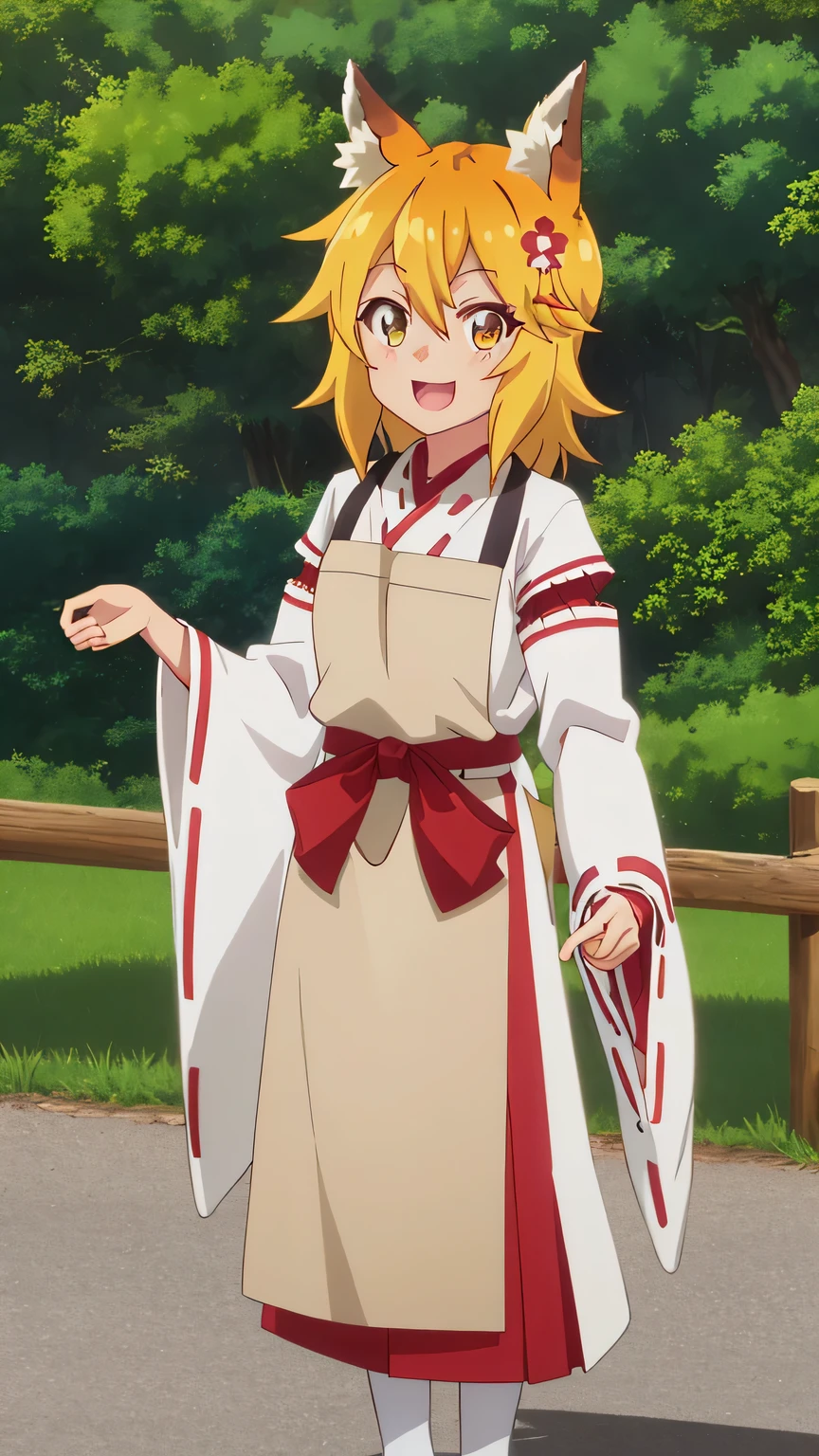 {{{masterpiece}}}, (best quality:1.5), (ultra-detailed:1.5), {illustration}, {{an extremely delicate and beautiful}}, (beautiful detailed eyes:1.6), absurdres, highres, extremely detailed face, 16k, hd, visual anime de uma jovem mulher, extremamente bonito rosto de anime, anime melhor garota, (perfect hands, perfect anatomy), (five fingers:1.1), anime face, Senko(Sewayaki Kitsune no Senko-san), KitsuneSenko, 1girl, solo, cute face, orange hair, medium hair, fox ears, crossed bangs, hair ornament, hair flower, (orange eyes:1.2), fox tail, medium breasts, big hips, curvaceous, BREAK, SenkoMiko, miko, japanese clothes, white kimono, long sleeves, white sleeves, (wide sleeves:1.2), ribbon-trimmed sleeves, (brown apron:1.1), red obi, (red hakama:1.1), hakama skirt, BREAK, smiling, looking at viewer, open mouth, flushed cheeks, flash effect, outdoor, mountain, daytime, forest, flower garden, field, sunshine, peer in from below
