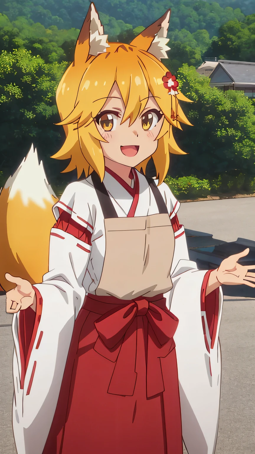 {{{masterpiece}}}, (best quality:1.5), (ultra-detailed:1.5), {illustration}, {{an extremely delicate and beautiful}}, (beautiful detailed eyes:1.6), absurdres, highres, extremely detailed face, 16k, hd, visual anime de uma jovem mulher, extremamente bonito rosto de anime, anime melhor garota, (perfect hands, perfect anatomy), (five fingers:1.1), anime face, Senko(Sewayaki Kitsune no Senko-san), KitsuneSenko, 1girl, solo, cute face, orange hair, medium hair, fox ears, crossed bangs, hair ornament, hair flower, (orange eyes:1.2), fox tail, medium breasts, big hips, curvaceous, BREAK, SenkoMiko, miko, japanese clothes, white kimono, long sleeves, white sleeves, (wide sleeves:1.2), ribbon-trimmed sleeves, (brown apron:1.1), red obi, (red hakama:1.1), hakama skirt, long skirt, BREAK, smiling, looking at viewer, open mouth, flushed cheeks, flash effect, outdoor, mountain, daytime, forest, flower garden, field, sunshine, peer in from below