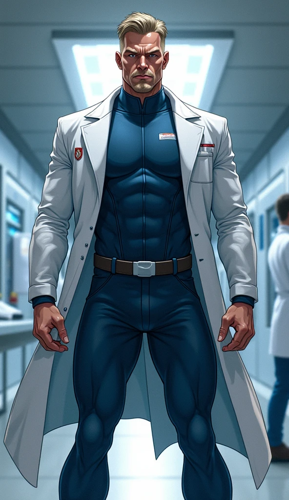 best quality, masterpiece, art, fit young male, pretty boy, solo, blonde hair, (sexydoctor:1.2), male focus, stethoscope, white coat, muscular, topless, bare pecs, bare abs, compression pants, color, hospital corridor on background, (simple bg:0.4), <lora:colorv1.7-000003:0.6>, <lora:PrettyBoyV2:0.7>, <lora:Clothing - Sexy Doctor:0.7>