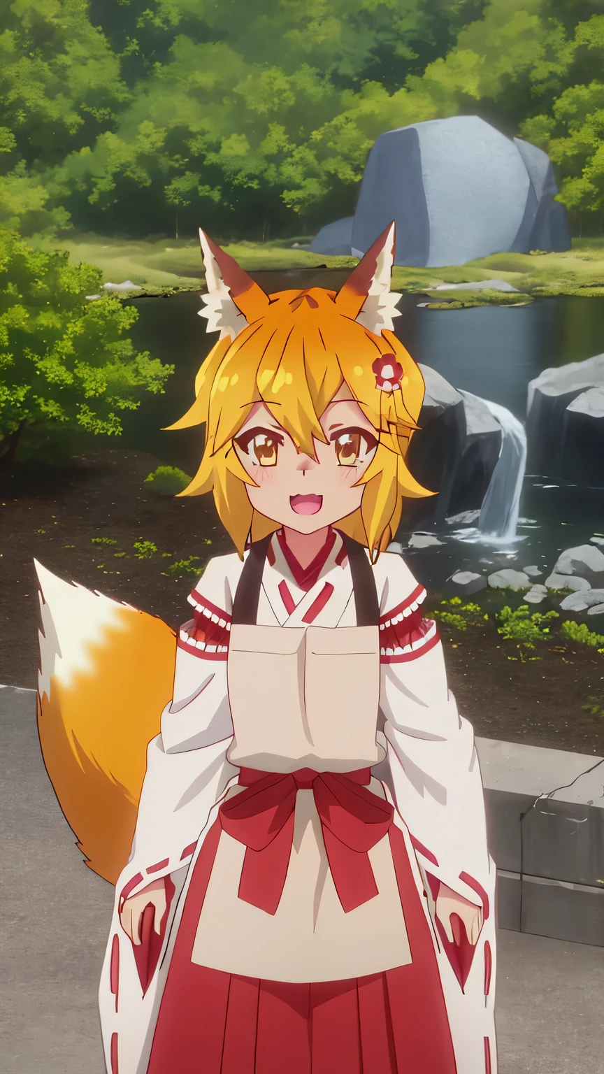{{{masterpiece}}}, (best quality:1.5), (ultra-detailed:1.5), {illustration}, {{an extremely delicate and beautiful}}, (beautiful detailed eyes:1.6), absurdres, highres, extremely detailed face, 16k, hd, visual anime de uma jovem mulher, extremamente bonito rosto de anime, anime melhor garota, (perfect hands, perfect anatomy), (five fingers:1.1), anime face, Senko(Sewayaki Kitsune no Senko-san), KitsuneSenko, 1girl, solo, cute face, orange hair, medium hair, fox ears, crossed bangs, hair ornament, hair flower, (orange eyes:1.3), fox tail, medium breasts, big hips, curvaceous, BREAK, SenkoMiko, miko, japanese clothes, white kimono, long sleeves, white sleeves, (wide sleeves:1.2), ribbon-trimmed sleeves, (brown apron:1.1), red obi, (red hakama:1.1), hakama skirt, BREAK, cute face, open mouth, smiling, standing on the lake, from above, outdoor, mountain, forest, flower garden, praying, mysterious