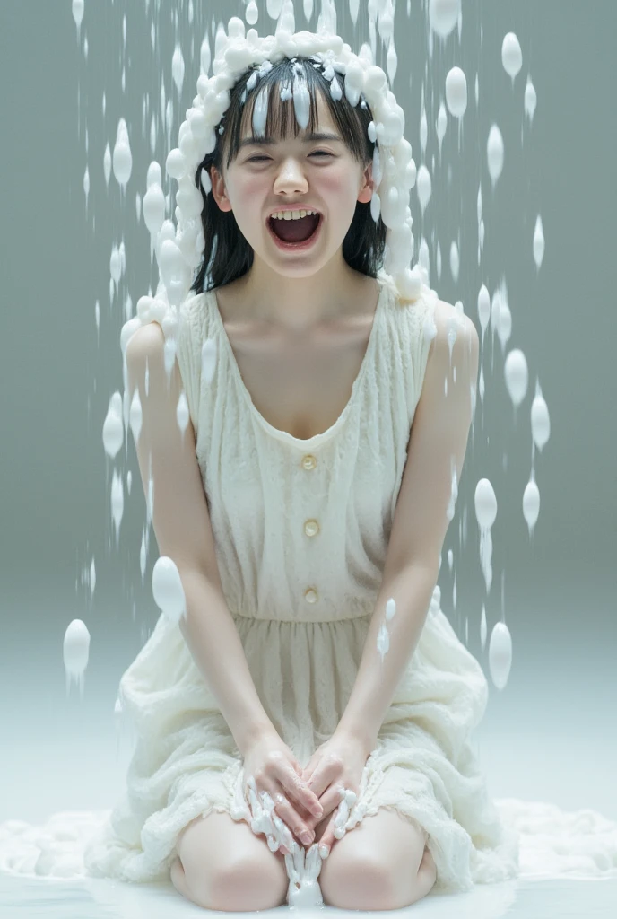 (Highest quality, 4K, 8k, High resolution, masterpiece:1.2), Very detailed, (Realistic, photoRealistic, photo-Realistic:1.37)、smile、Japanese、(Navy blue high neck sleeveless shirt)、(((Bukkake)))、Lips parted,