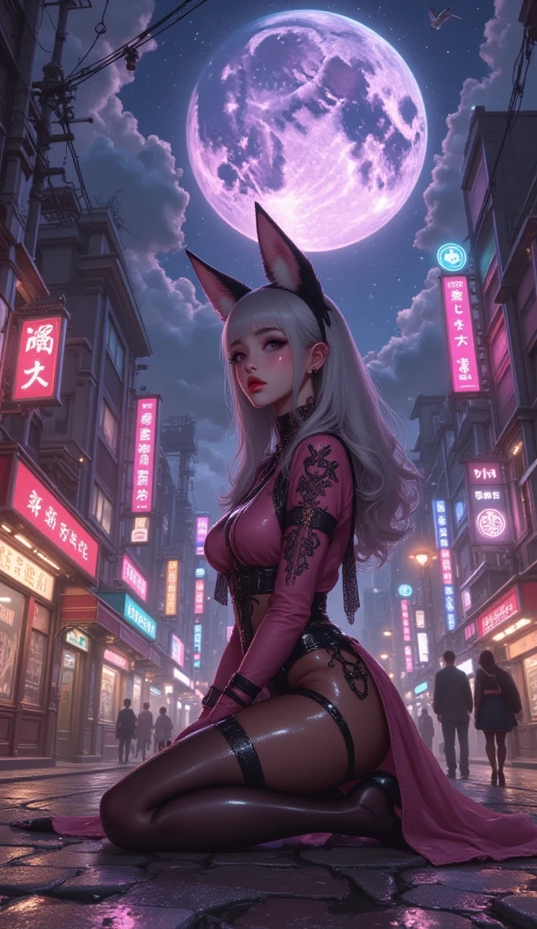 (((1 Beautiful Moscow woman on her knees)))(((kneeling on the Tatami)))(Best quality, 4K, 8K, high resolution, masterpiece: 1.2), ultra detailed, (realistic, photorealistic, photorealistic: 1.37) (bunny headband).(White kimono).(full body image)(((Seiza position)).(bun in hair)((ponytail))((bunny headband))( long black hair)(Straight hair).(super detailed blue eyes).(cyberpunk city)(futuristic tokyo)(((Futuristic City))) Tokyo at Night