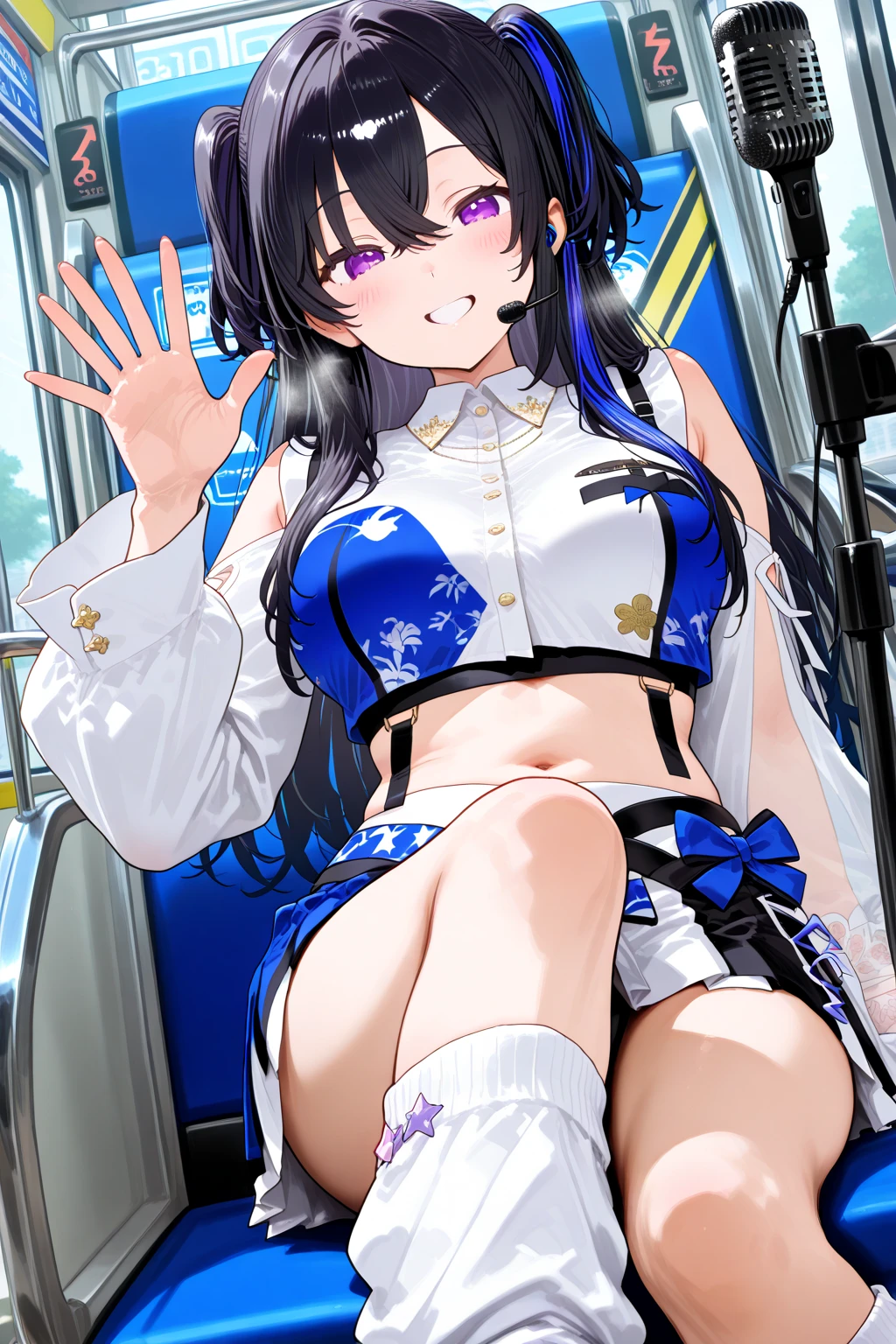 A woman with big ,Beauty,Black long hair,Bow,(Fully transparent sailor suit:1.2),weak,Sexy,Color,lactation,Showing belly,blush,Bright Light,ahegao,On the bus,Standing,Multiplayer,