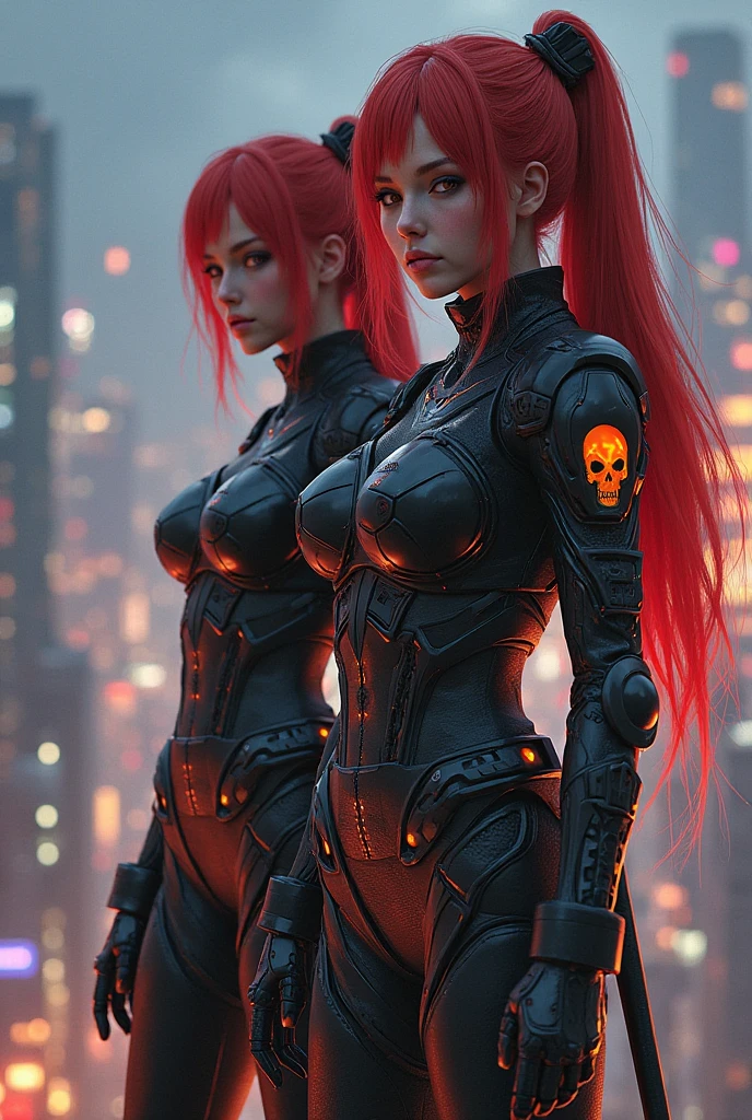 "Fantastic cyberpunk post-apocalyptic style. Beautiful cyborg girl with long red hair, dressed in a black android suit with a cleavage and small red details, stands vertically in front of the camera. Her hands are behind her back. The girl's face is very cute, She looks into the lens with a playful, with a slightly flirtatious look and a slight smile. Dark night background, with red flashes and lights, creating an atmosphere of slight sadness. Shooting angle from below, almost from ground level. Primary colors - black and red."