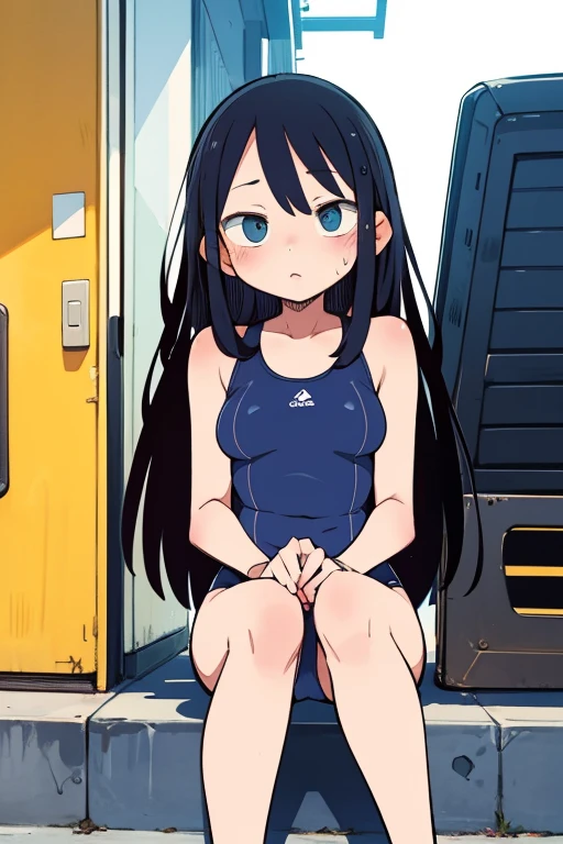 Japanese, Visible nipples、Black Hair、Long Hair、small size of breasts, Flat Chest、boyish、Squat posture、Spread your legs, Spread your legs, One piece swimsuit、Navy blue school swimsuit、Only One Woman、Front of body、looking at the camera、Shame play、Embarrassing、Are crying、Flowing Tears、Downcast eyes、Closed Mouth、barefoot、Woman urinating at school、